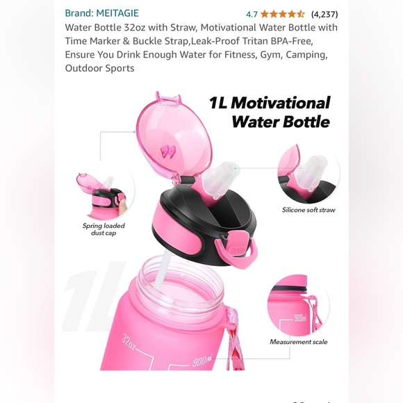 MEITAGIE Water Bottle 32oz with Straw, Motivational Water Bottle w Time Marker - Picture 6 of 10